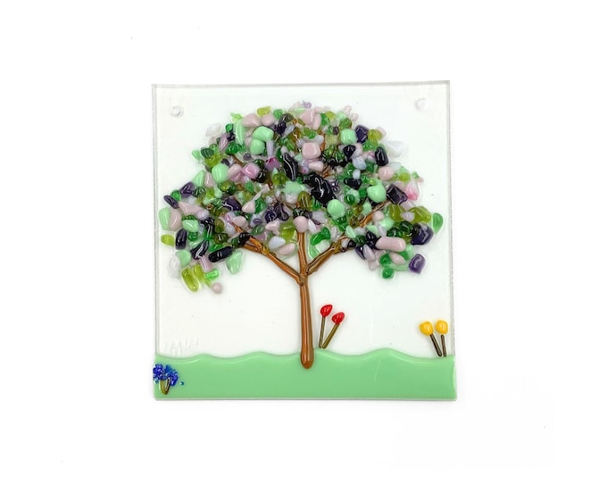 Spring tree fused glass hanging