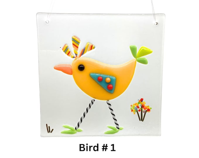 Whimsical bird fused glass hanging