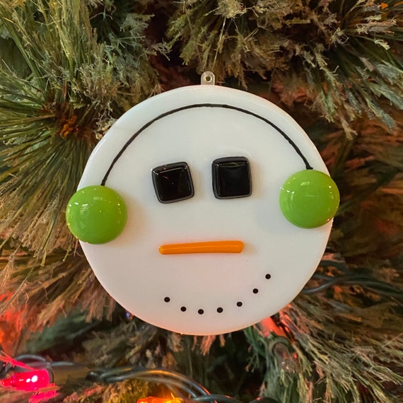 Snowman with earmuffs fused glass ornament,handmade,green earmuffs