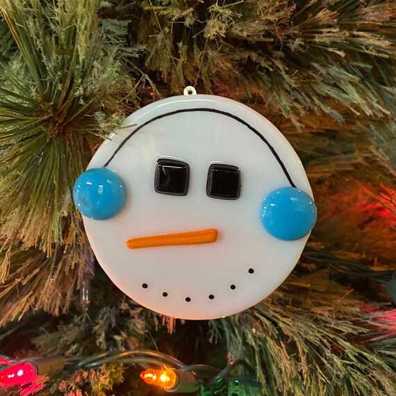 snowman with blue earmuffs Christmas ornament,fused glass holiday decoration