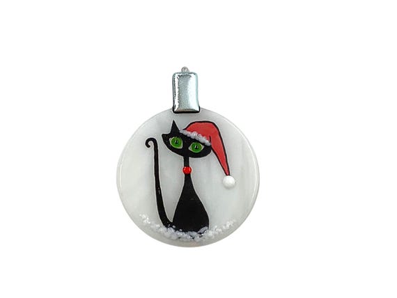 Cat with Santa hat fused glass ornament