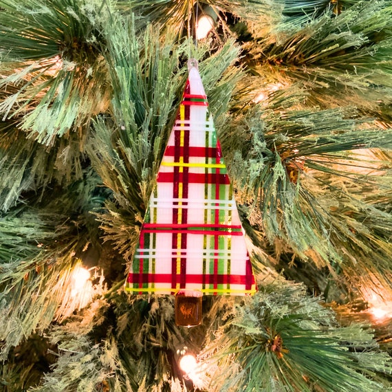Fused glass plaid Christmas tree ornament
