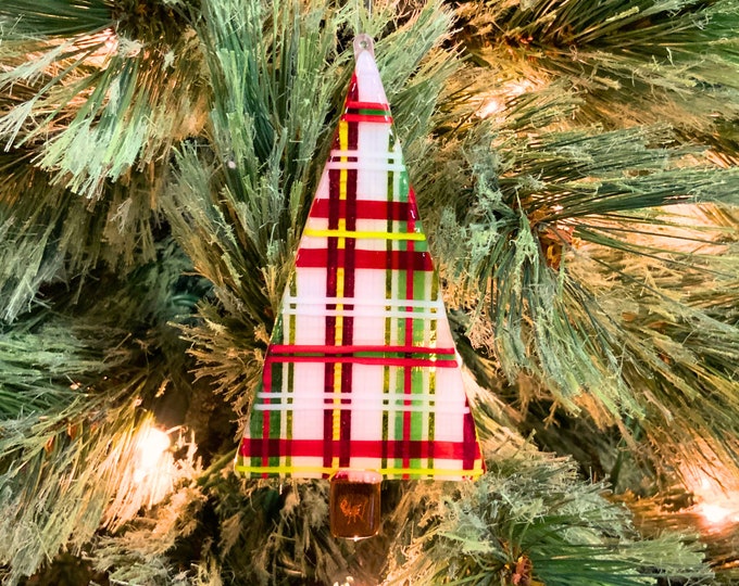 Fused glass plaid Christmas tree ornament