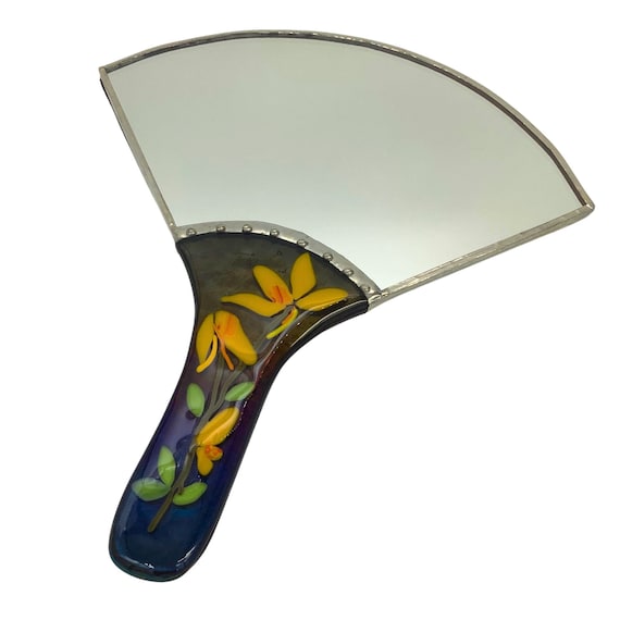 Fused glass fan hand mirror with flowers