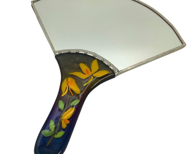Fused glass fan hand mirror with flowers