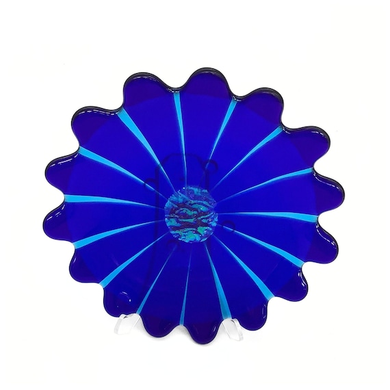 Blue fused flower trinket plate with dichroic center