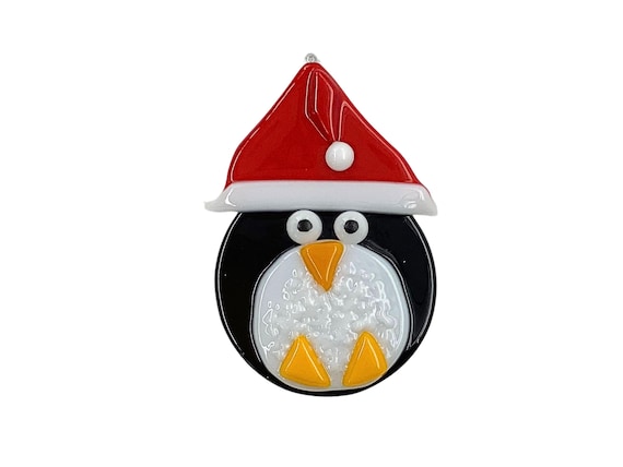 Round Penguin with red hat fused glass ornament