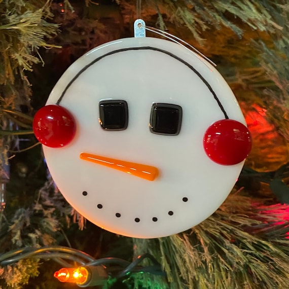 snowman with red earmuffs fused glass ornament,handmade Christmas ornament
