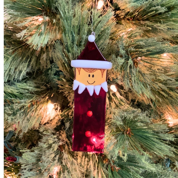 Fused glass red elf ornament