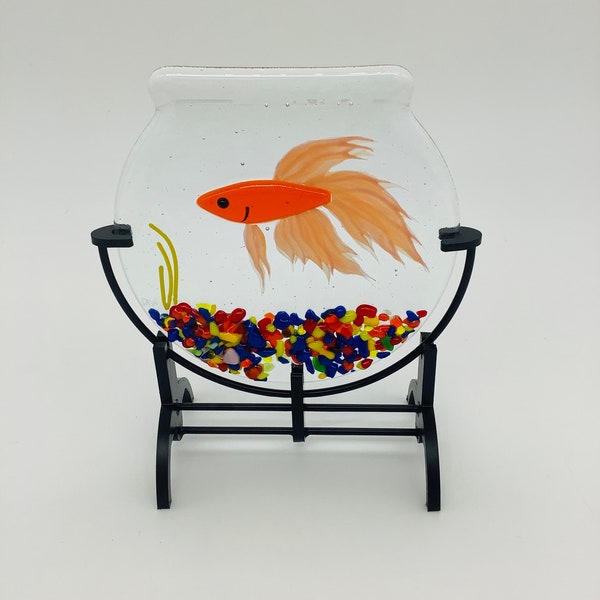 Betta fused glass art,orange betta stand up art