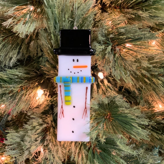Fused glass snowman stick ornament