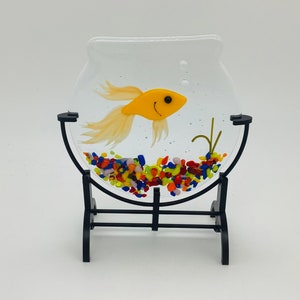 Goldfish bowl handmade fused glass stand up art