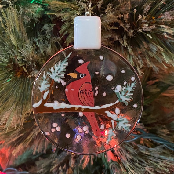 Cardinal Christmas glass ornament, handmade fused glass winter cardinal decoration