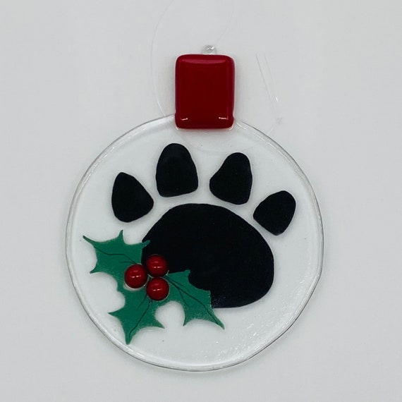 Paw print glass ornament,pet Christmas decoration, handmade fused glass