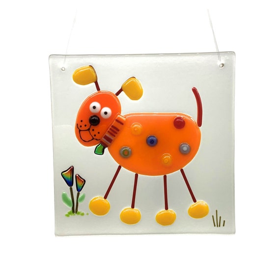 Whimsical dog fused glass hanging