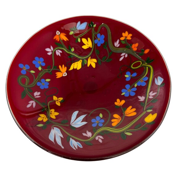 Red fused glass floral bowl