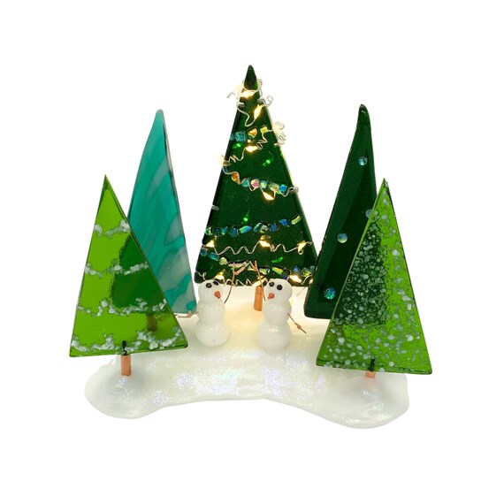Five fused glass Christmas tree with snowman stand up