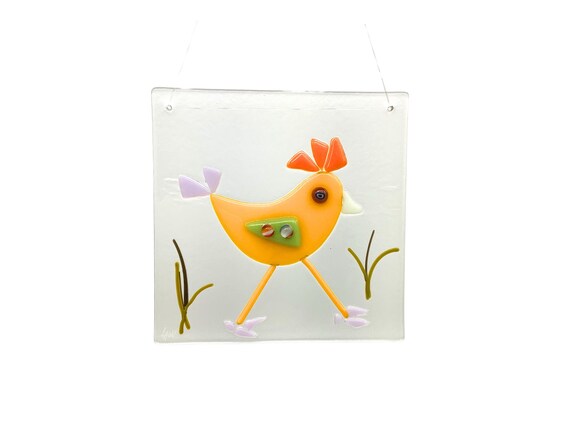 Whimsical bird fused glass hanging