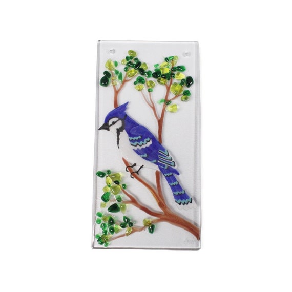 Blue Jay Fused Glass Hanging