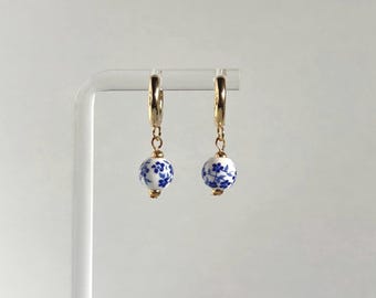 Porcelain Blue Floral Earrings, Gold Hoop Dangle Earrings, Vintage-Inspired Statement Jewelry