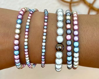 Miracle Beads Armband 4–6 mm – Magic Pearl Perlenarmband, Y2K Schmuck, Geschenk für Sie, individuelle handgefertigt Pastell Grau Weiß