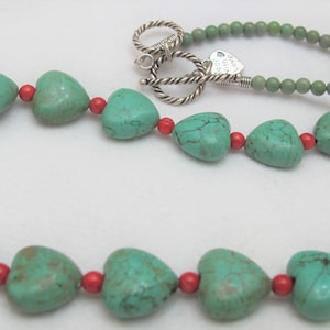 Turquoise Hearts w Red Coral Necklace Adjustable