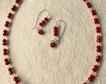 Red Crystal, Clear Quartz with S-hook Clasp necklace and a pair of matching pierced on kidney wire earrings.