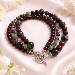 Elegant Ruby in Zoesite with Garnet Triple Strand Bracelet