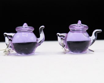 Teapot earrings with colour changing purple pink to clear glass - tea lover gift - Tea kettle earrings - dangling steampunk earrings
