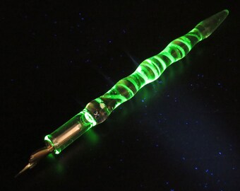 Uranium glass dip pen for calligraphy - collectable uranium glass fountain pen science gift - spiral UV reactive handformed glass pen