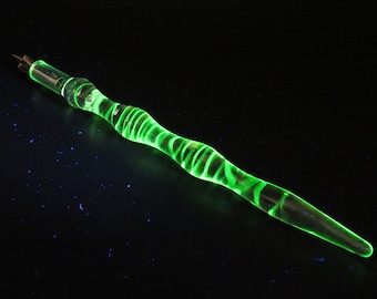 Uranium glass spiral UV reactive handformed glass dip pen for calligraphy - collectable glass fountain pen - unique gifts - science gift