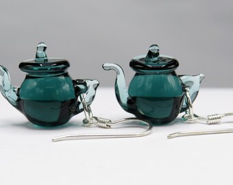 Tea gifts - tea kettle dangle earrings - Tiny teapot earrings in teal green glass - tea lover gift