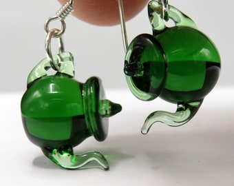 Green tea earrings - Tea lover gift - emerald green tiny teapot earrings - LARP Steampunk dangling earrings tea kettle - chefs gifts