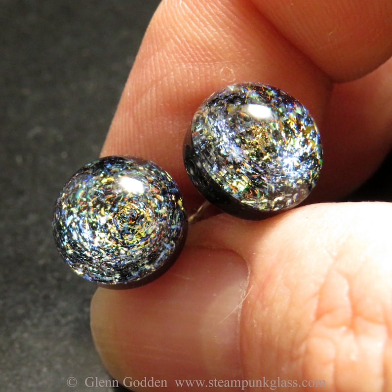 Tiny 3D multicoloured space galaxy earrings V1 handmade glass stud lampwork ear posts