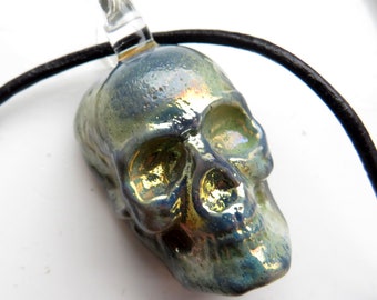 Metal effect glass skull pendant necklace - Realistic skull necklace in solid glass -  Day of the Dead pendant - Gothic necklace