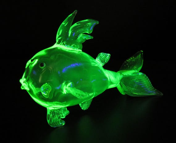 A lampworked fish sculpture made from uranium glass that actually glows green under UV light — genuinely rare, nerdy, and visually jaw-dropping.
