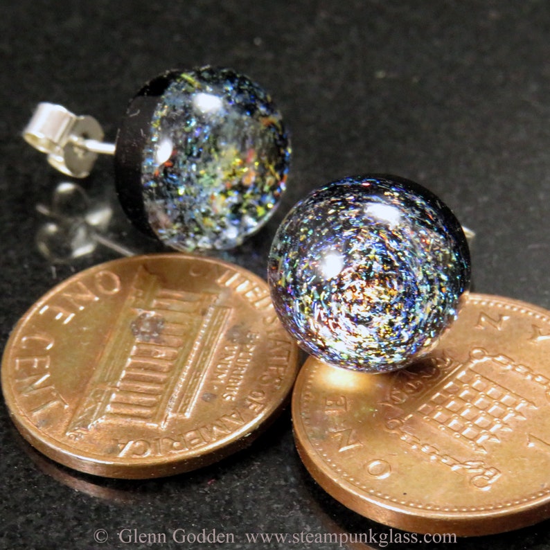 Tiny 3D multicoloured space galaxy earrings V1 handmade glass stud lampwork ear posts