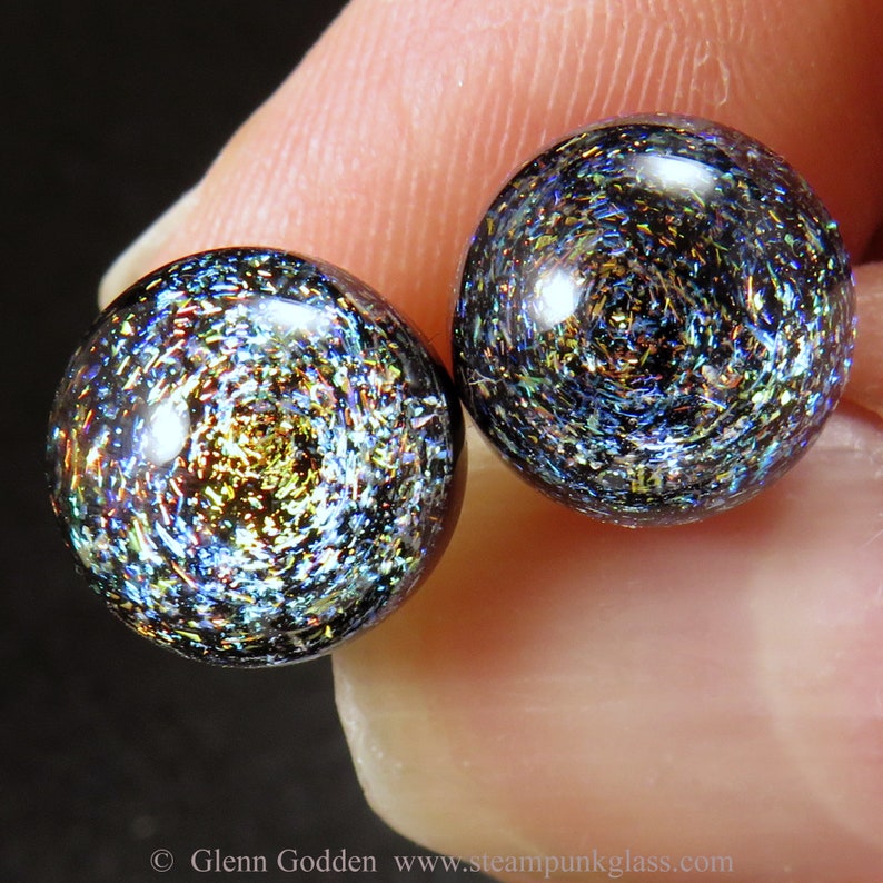 Tiny 3D multicoloured space galaxy earrings V1 handmade glass stud lampwork ear posts