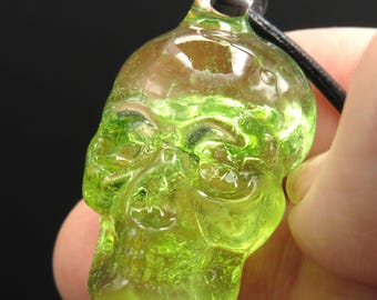 Uranium Glass Skull Necklace Pendant - uranium glass jewelry- Gothic Statement Jewelry Day of the Dead Dia de los Muertos