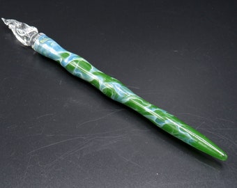 Glass nib calligraphy pen in jade green - glass dip pen with silver luster - glass fountain pen in venetian style - writers & teacher gifts