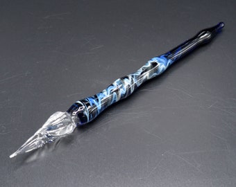 Glass dip pen in blue with silver luster - glass calligraphy pen with glass nib - glass fountain pen - glass pen - mens gifts - dark blue