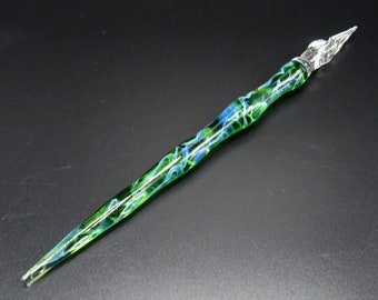 Glass nib calligraphy pen in vivid green - glass dip pen with silver luster - glass fountain pen in venetian style - writers & teacher gifts