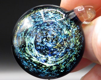 Glass star galaxy with green and blue stars on midnight blue - astronomy gifts - spiral galaxy pendant necklace - space universe pendant