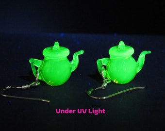 Uranium glass teapot earrings - uranium glass collectors dangle earrings - handmade glass earrings - gifts for her - uv glow green teapots