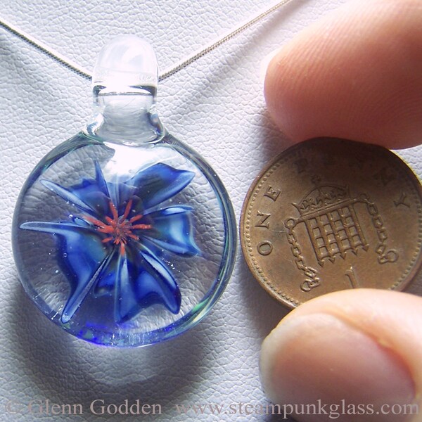 Tiny realistic dark cobalt blue and white glass 3D flower pendant - handmade lampwork glass