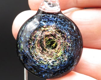 Spiral Galaxy jewelery - universe necklace - Glass galaxy space pendant necklace with rainbow stars over black -unique galaxy in glass