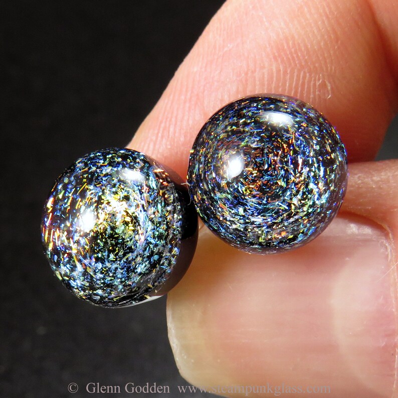 Tiny 3D multicoloured space galaxy earrings V1 handmade glass stud lampwork ear posts