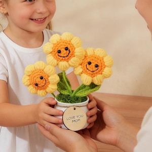 Gepersonaliseerde gehaakt madeliefje: handgemaakte bloempot met aangepast label, Moederdagcadeau