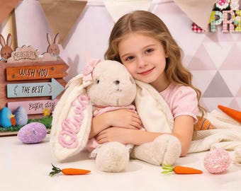 Personalized Bunny Plush Toy with 3D Yarn Name | Nursery Rabbit Doll, Baby Girl Shower Gift, Soft Cuddly Stuffed Animal