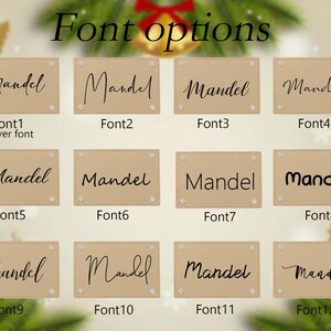 May include: An image showcasing twelve font options for the word "Mandel". Each font is displayed on a rectangular, light brown background, with the font number labeled below. The text "Font options" is at the top.